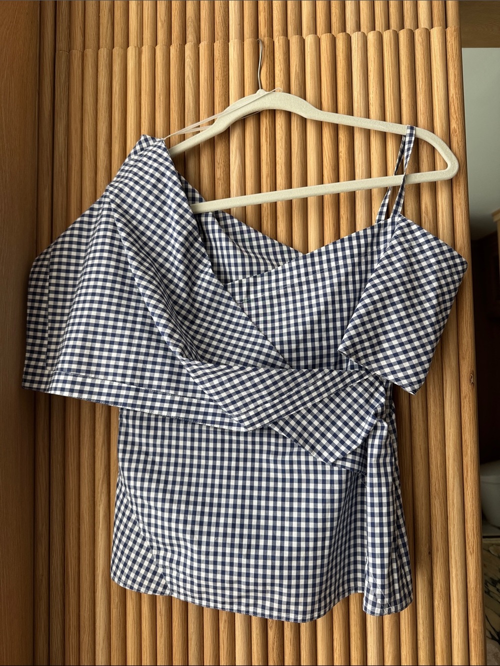 Theory Navy and White Gingham One-Shoulder Wrap Top